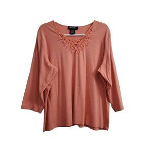 Denim & Co Womens Top XL Orange Beaded 3/4‎ Sleeve Pullover Casual Blouse